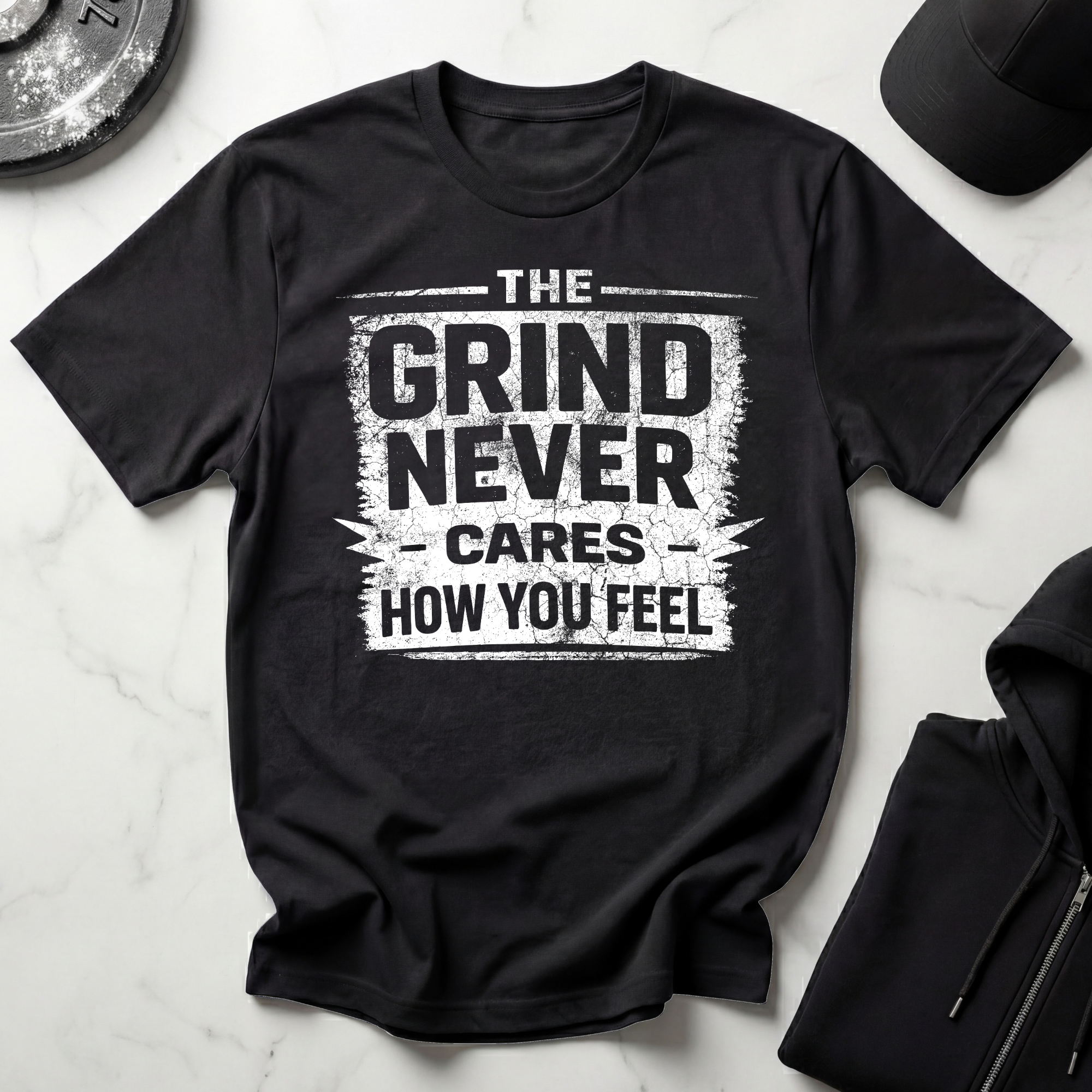 The Grind Never Cares Dark Tee