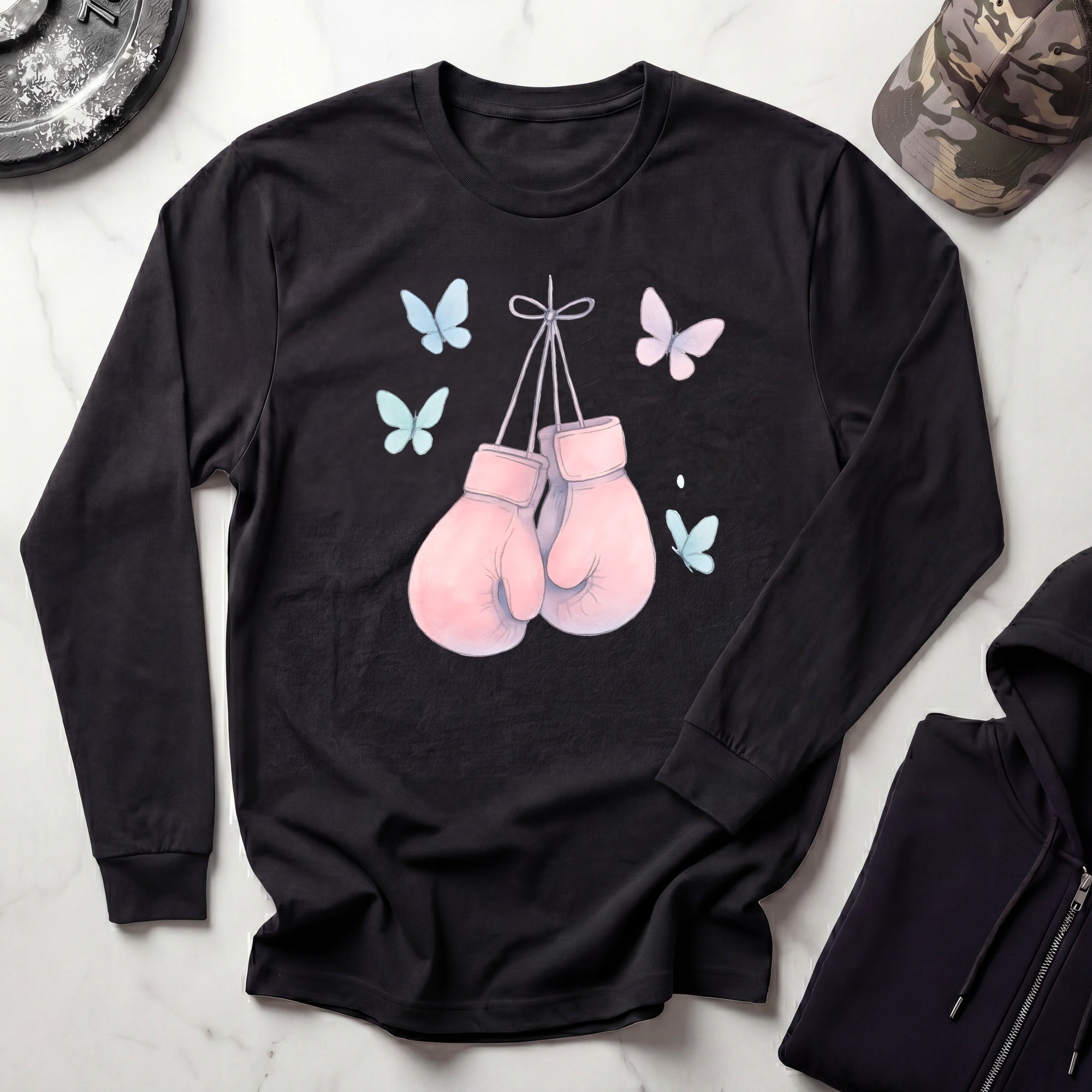 Pink Boxing Gloves Long Sleeve Gym Tee