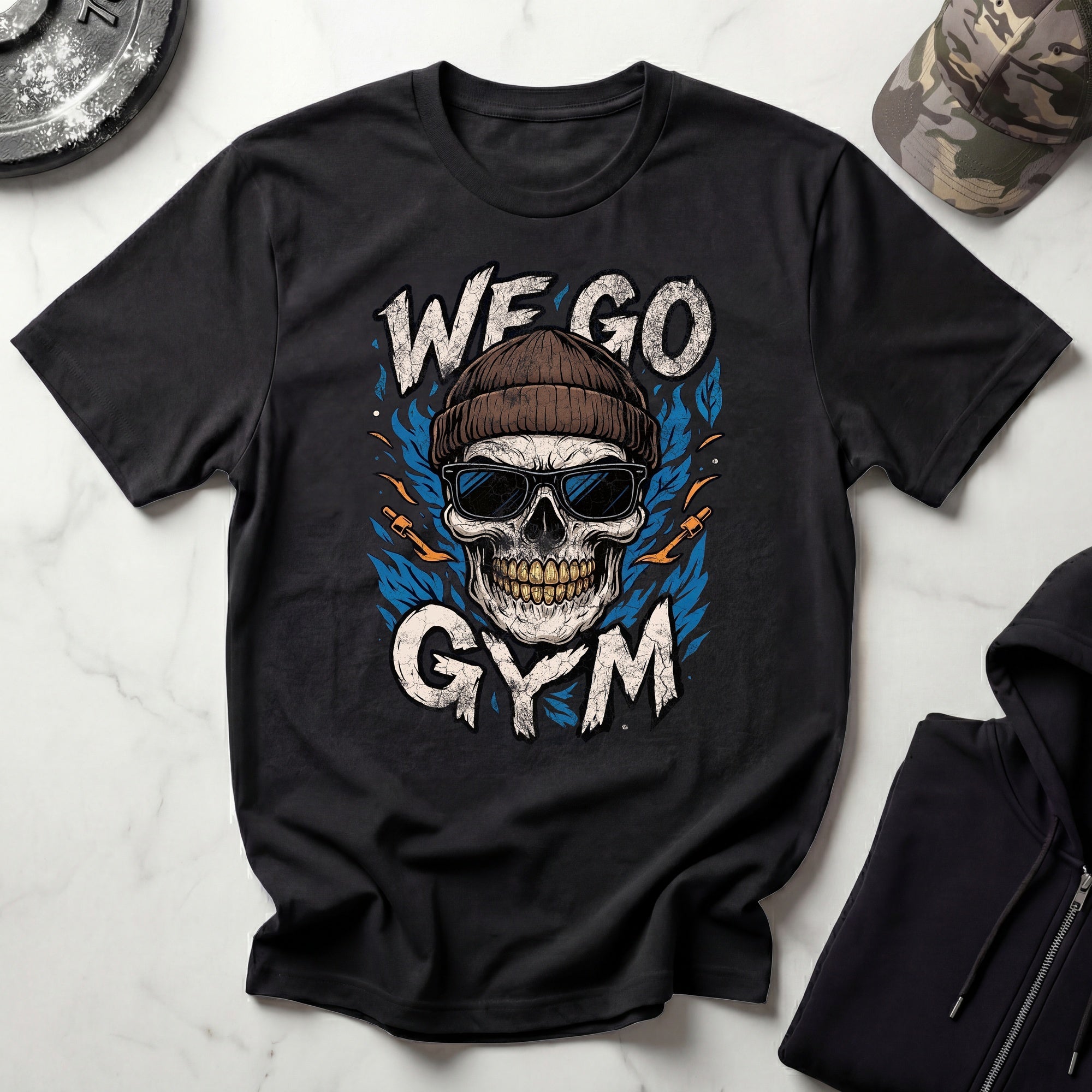 We Go Gym Skull Graphic Vintage Gym T-Shirt