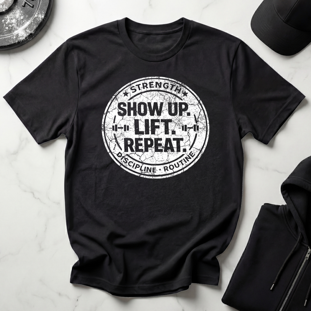 Show Up Lift Repeat Dark Tee