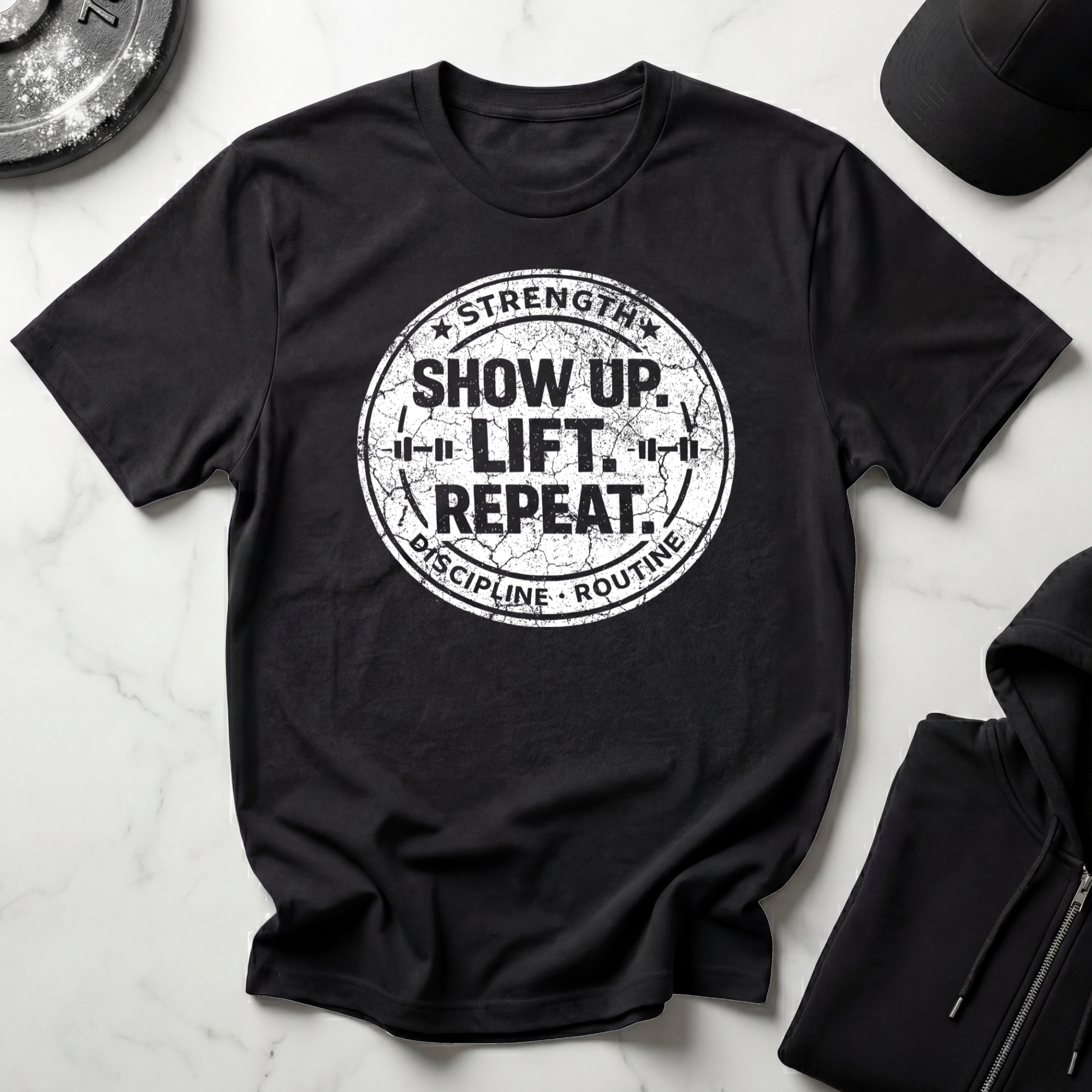 Show Up Lift Repeat Dark Tee
