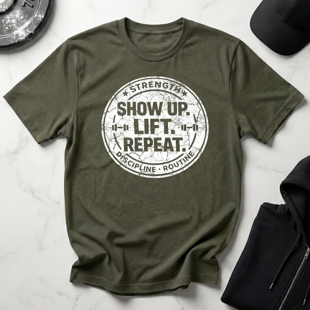 Show Up Lift Repeat Dark Tee