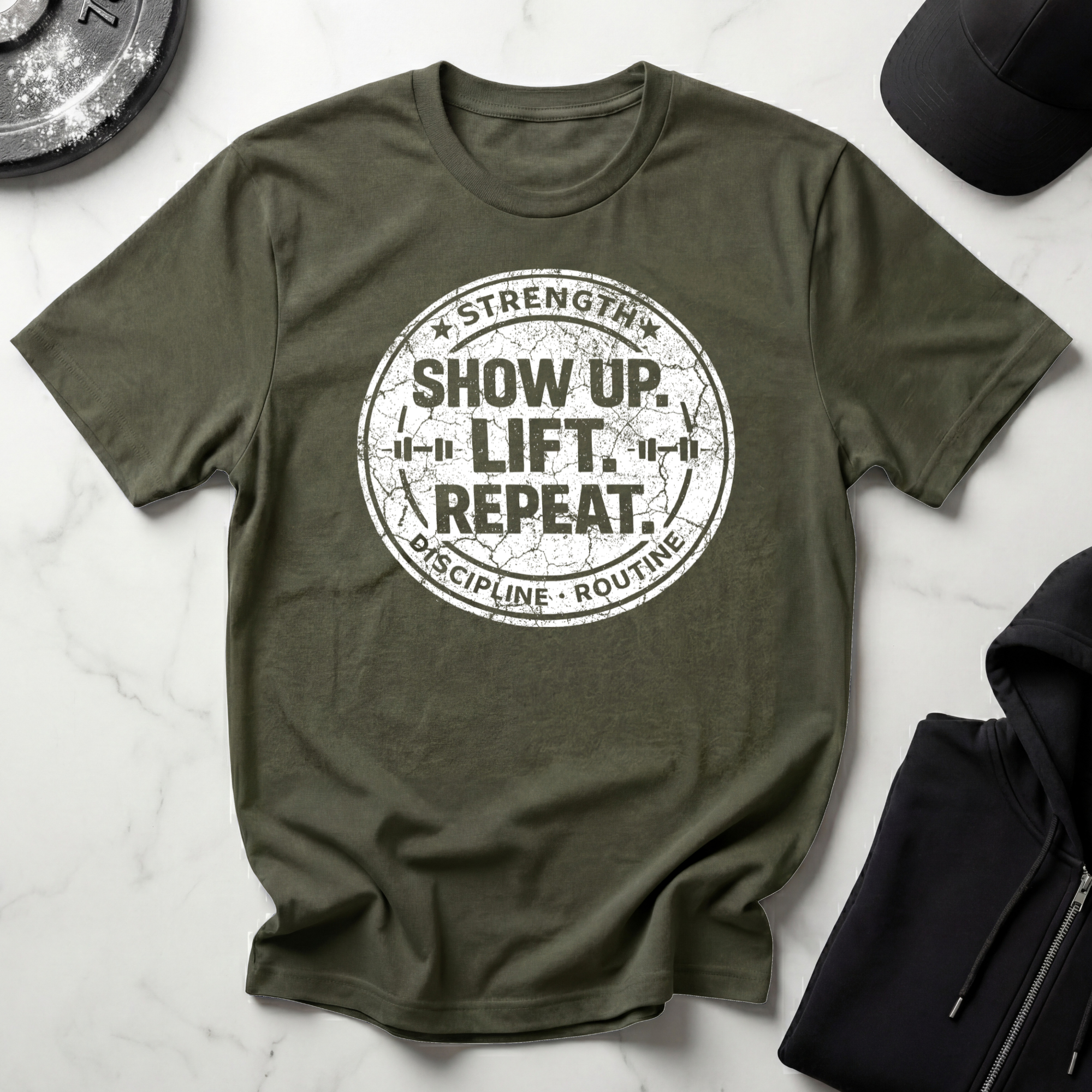 Show Up Lift Repeat Dark Tee