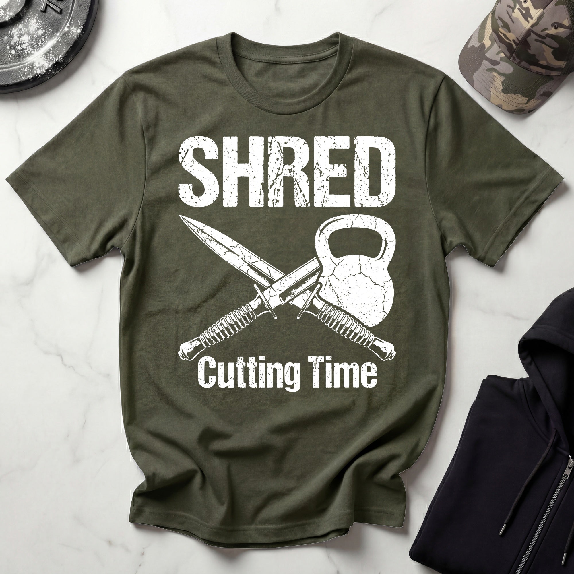 Shred Cutting Time Knife Kettlebell Graphic Vintage Gym T-Shirt