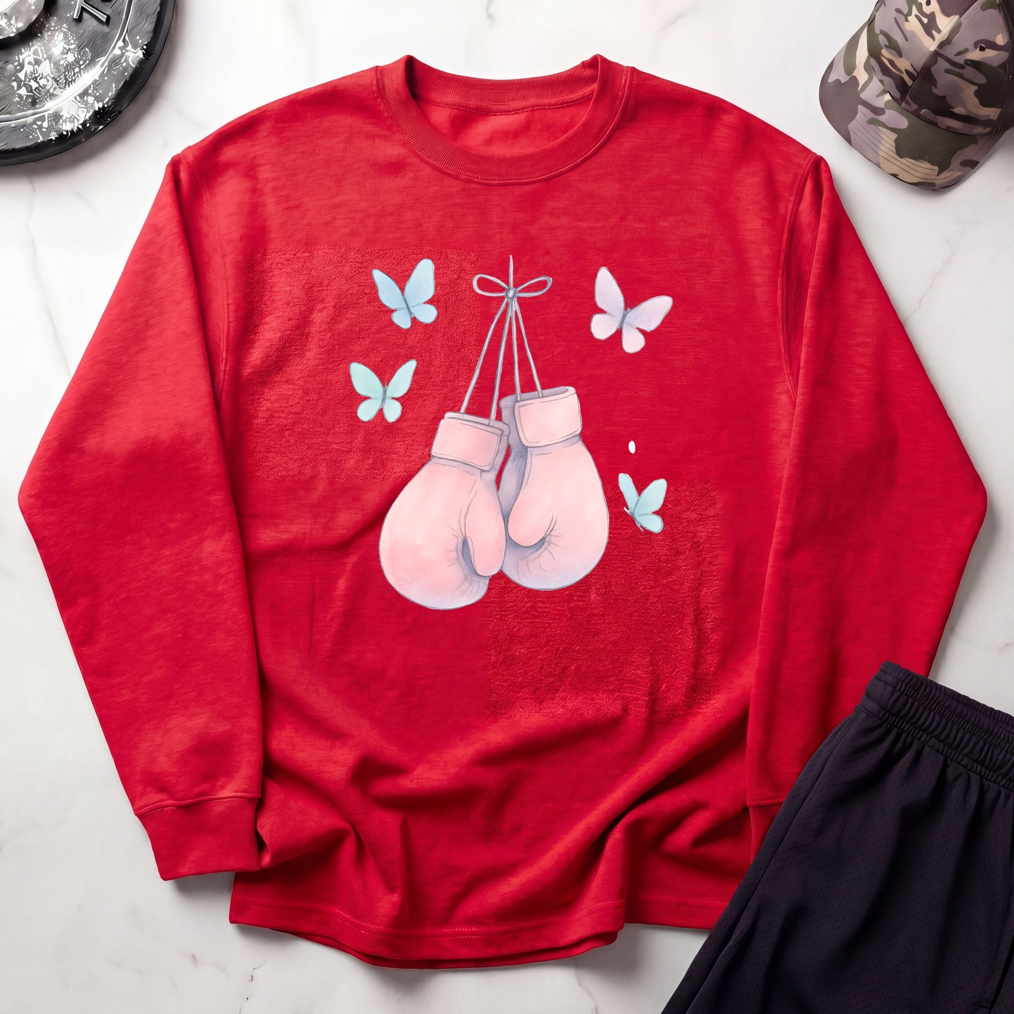 Pink Boxing Gloves Cozy Gym Crewneck Sweatshirt
