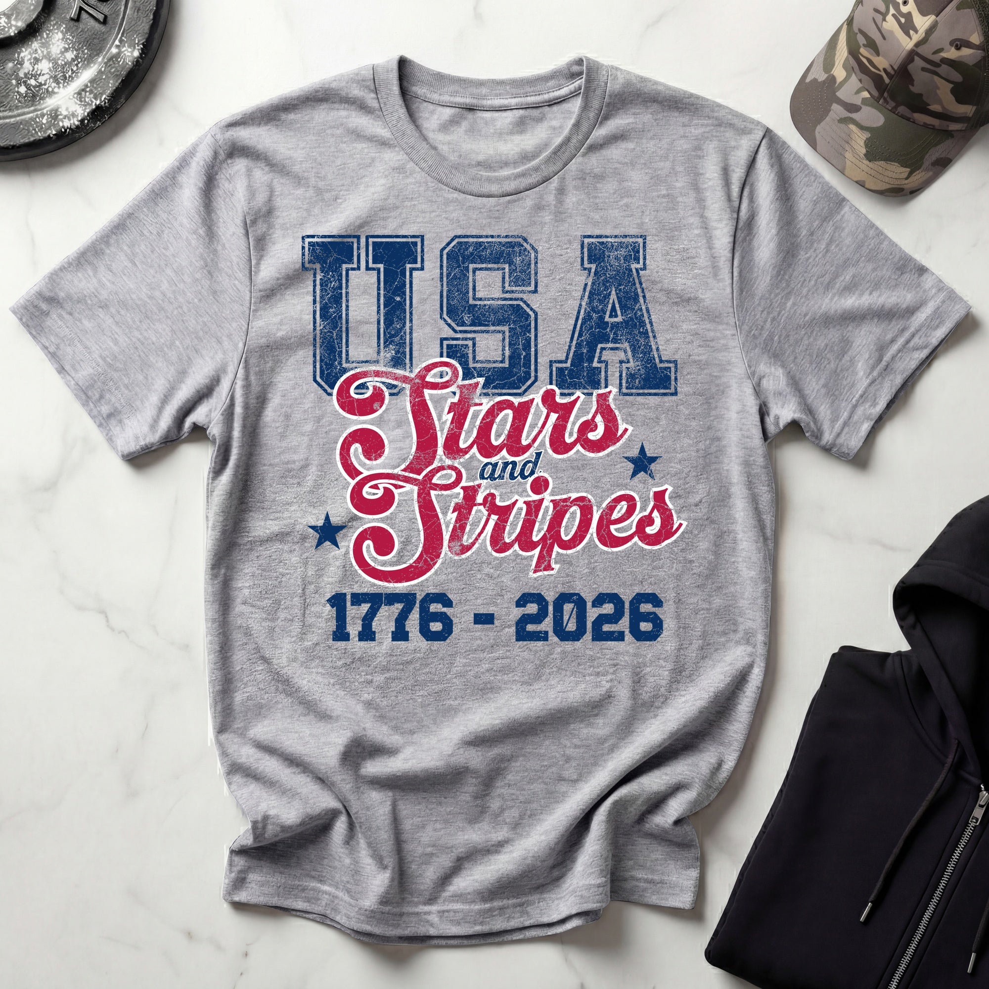 USA 250 Stars Stripes Graphic Vintage Gym T-Shirt