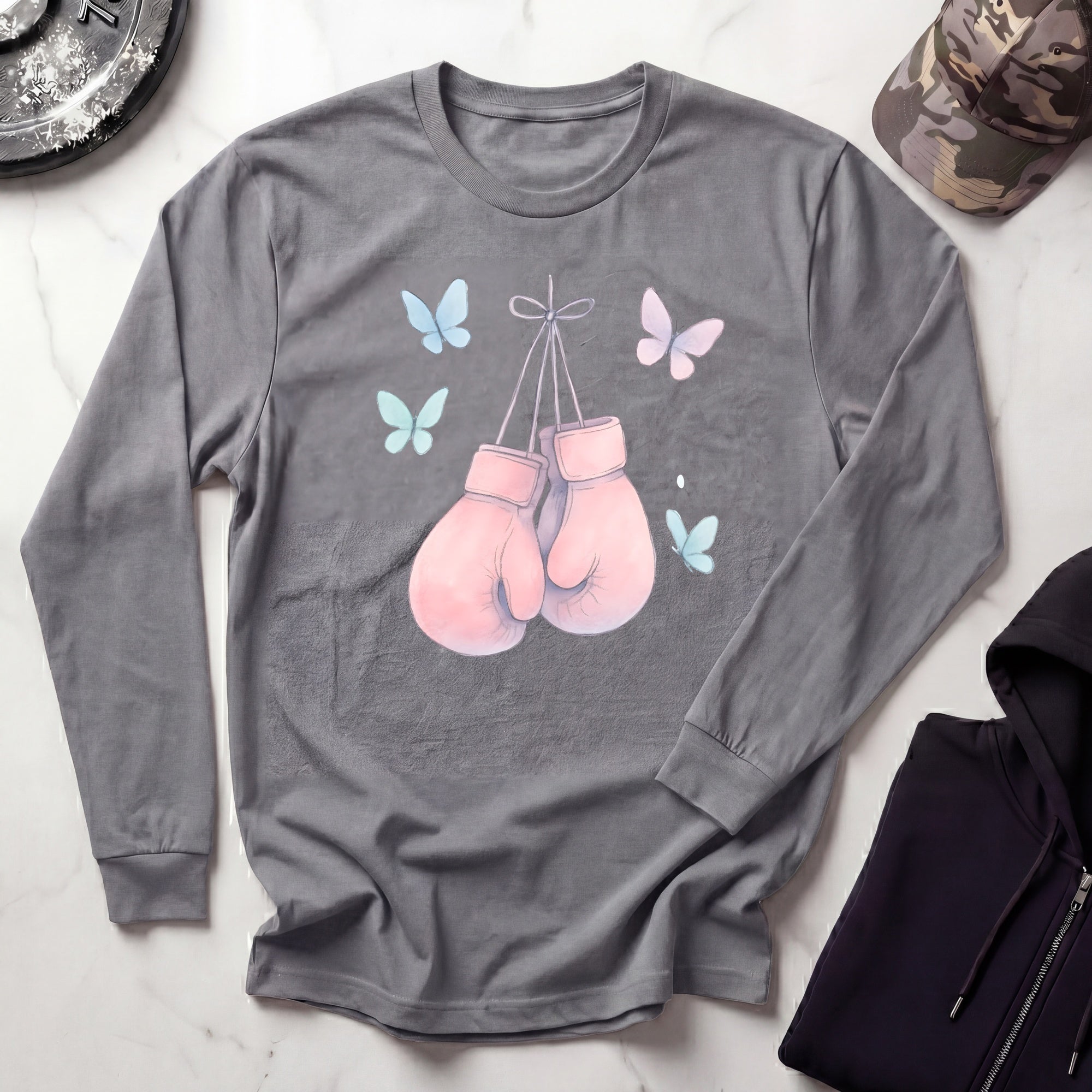 Pink Boxing Gloves Long Sleeve Gym Tee