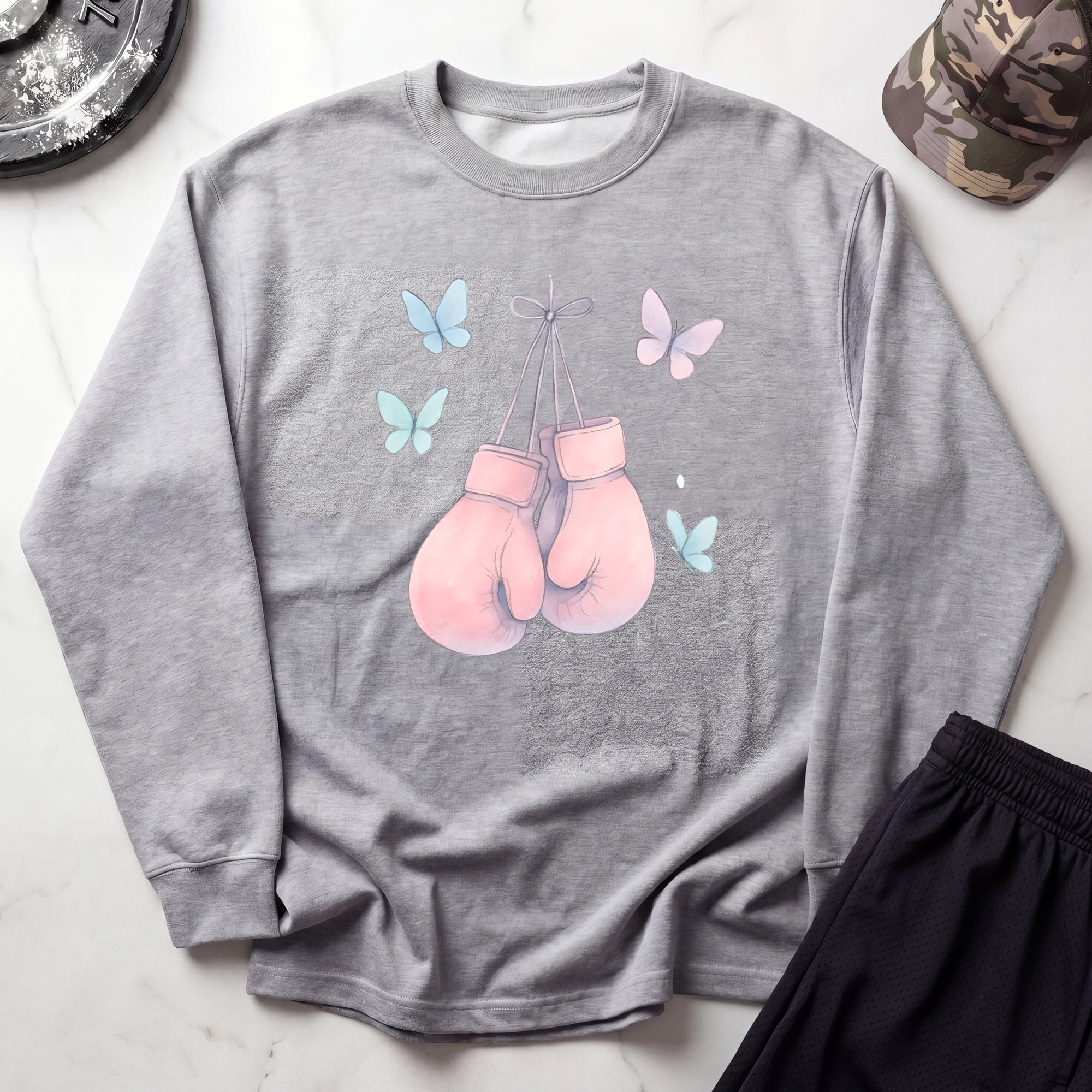 Pink Boxing Gloves Cozy Gym Crewneck Sweatshirt