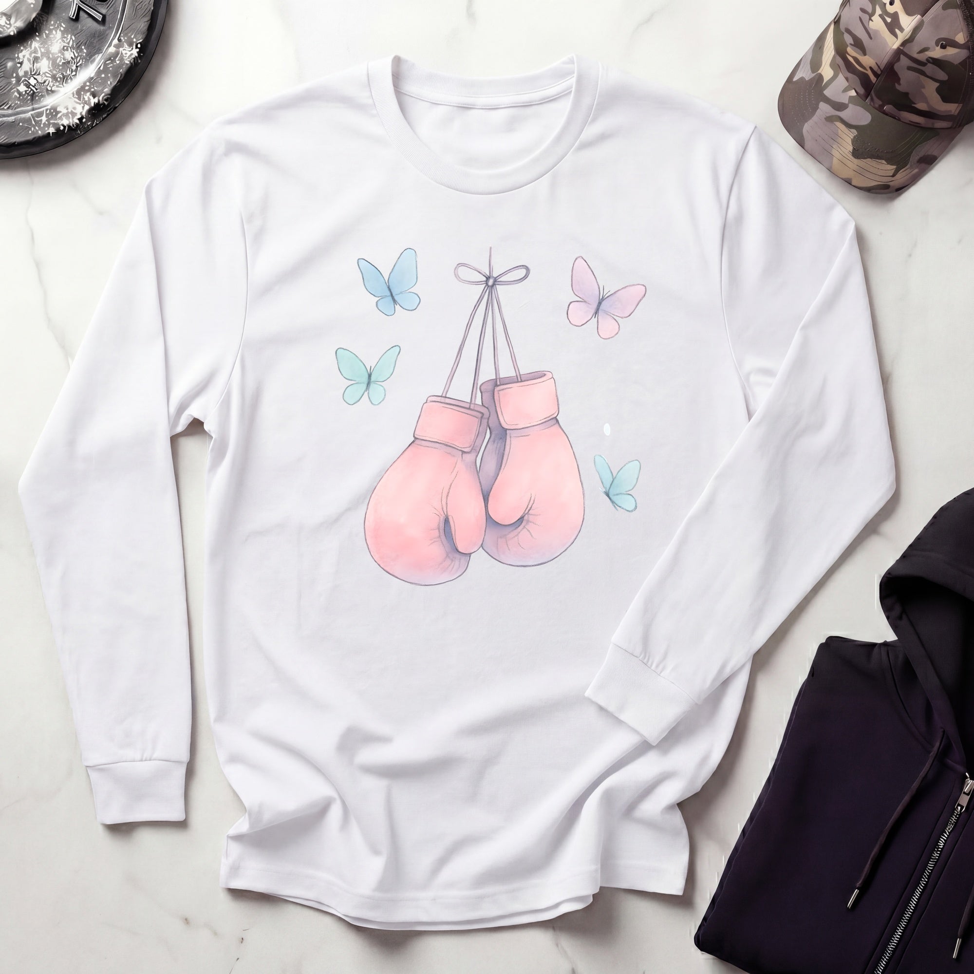 Pink Boxing Gloves Long Sleeve Gym Tee