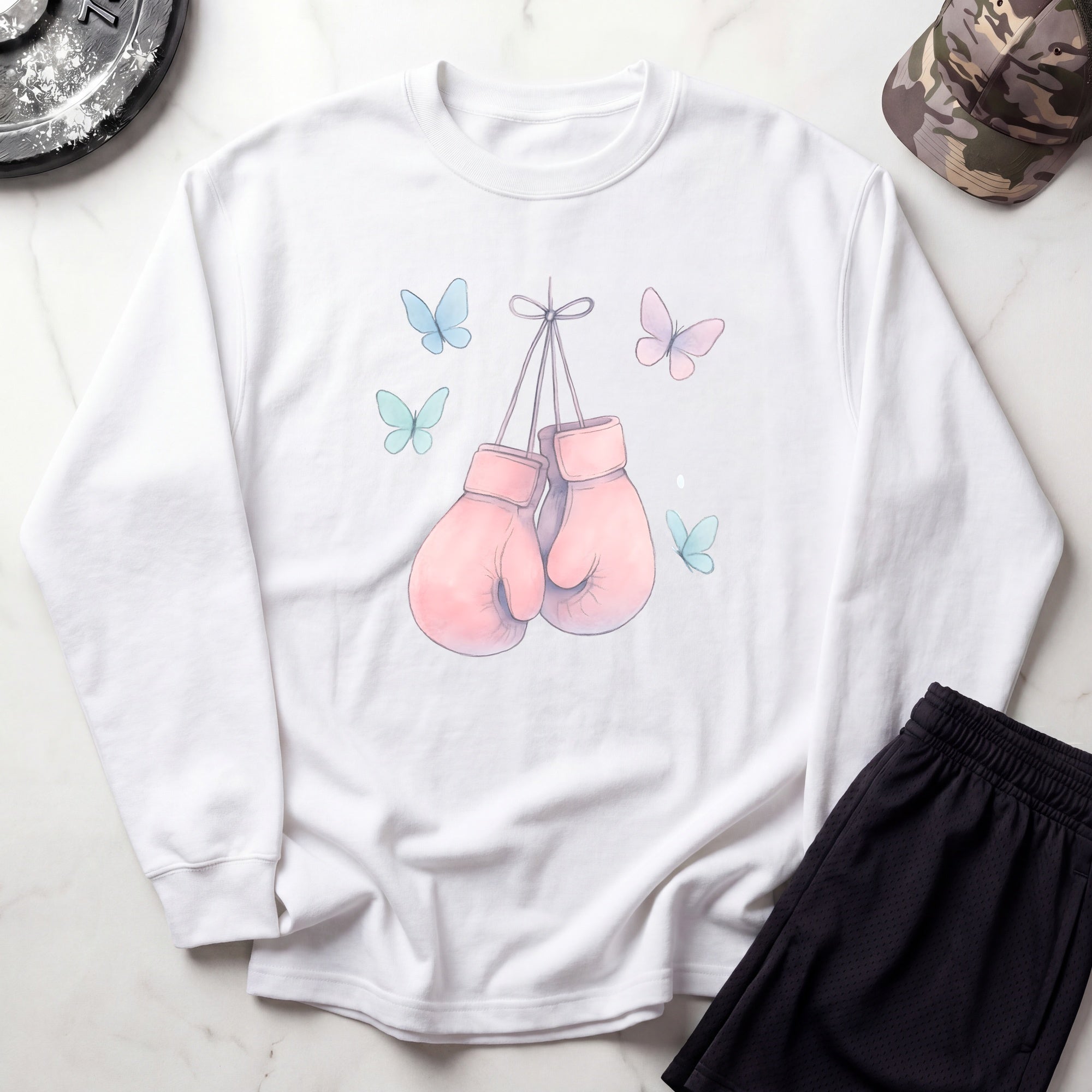 Pink Boxing Gloves Cozy Gym Crewneck Sweatshirt
