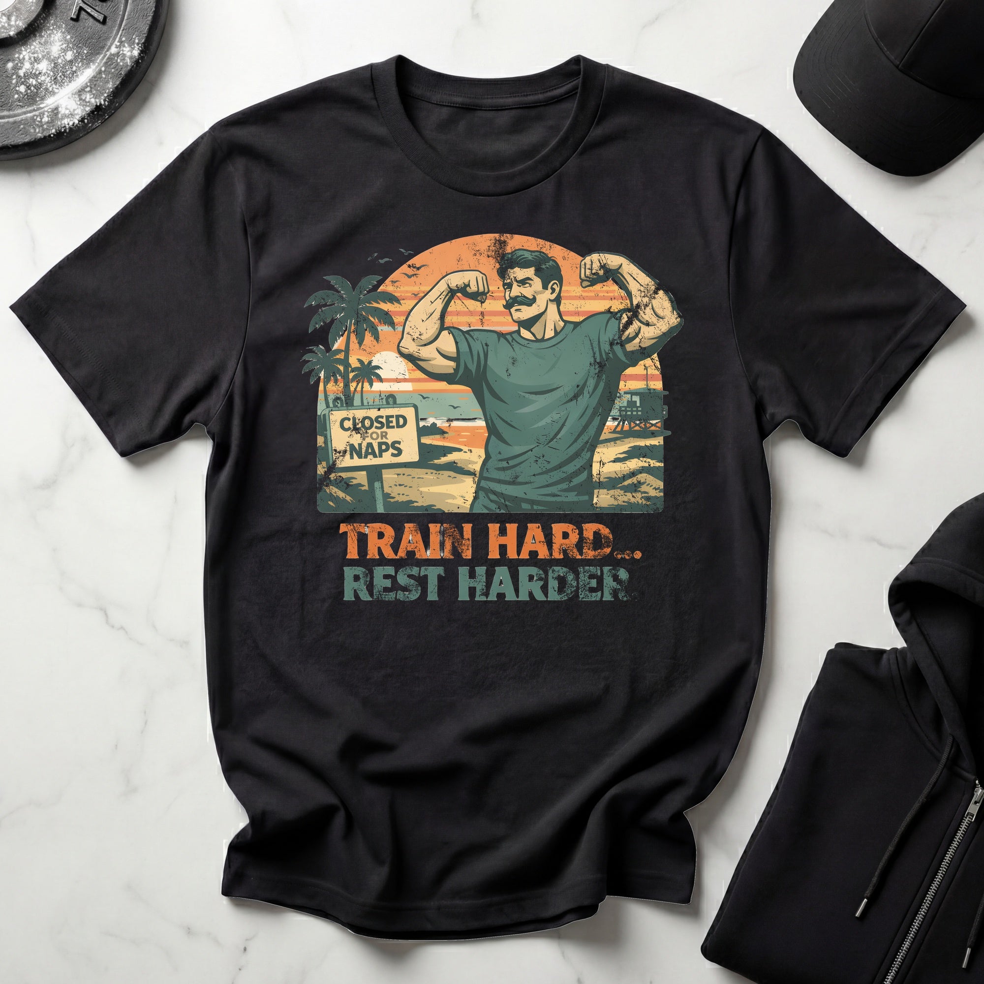 Retro Venice Beach Train Hard Rest Hard Gym T-Shirt