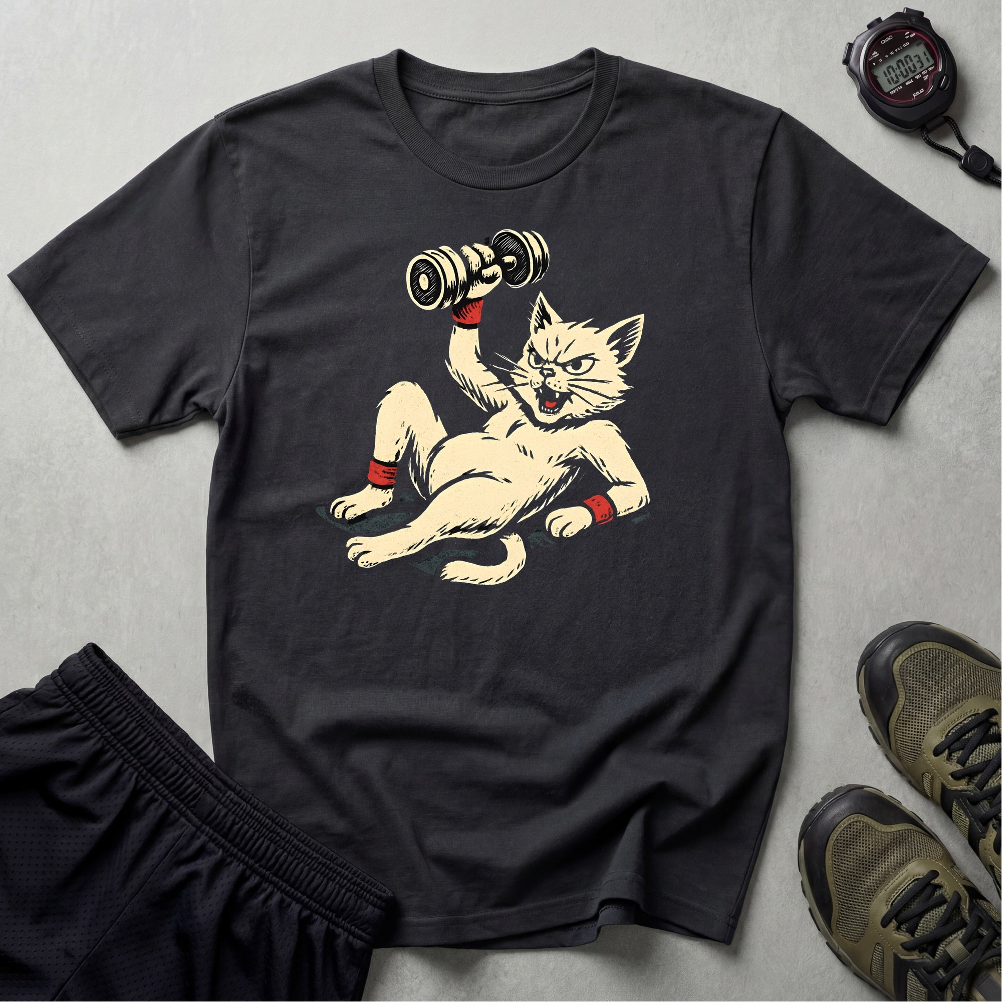 Cat Lifts Dumbbell T-Shirt