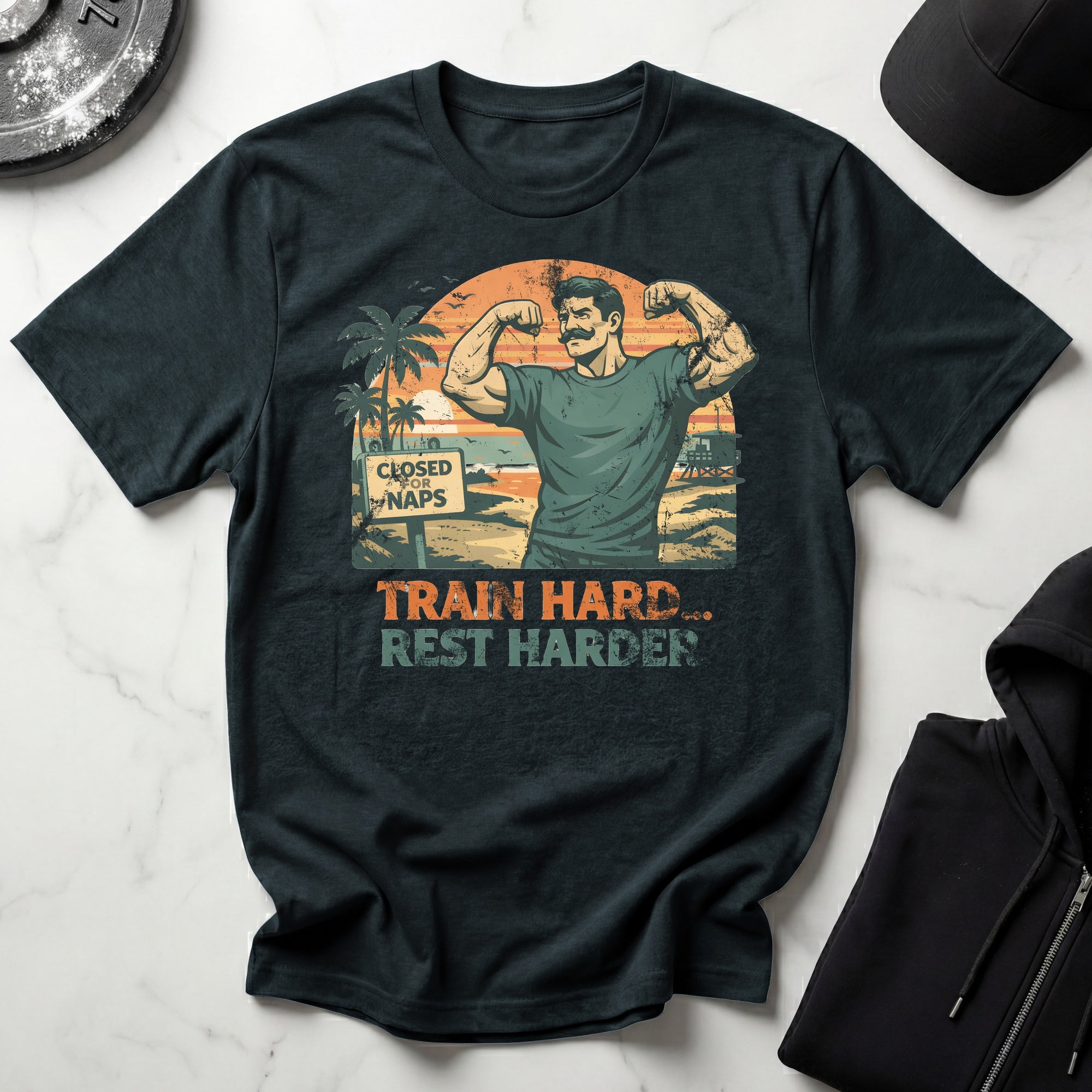 Retro Venice Beach Train Hard Rest Hard Gym T-Shirt