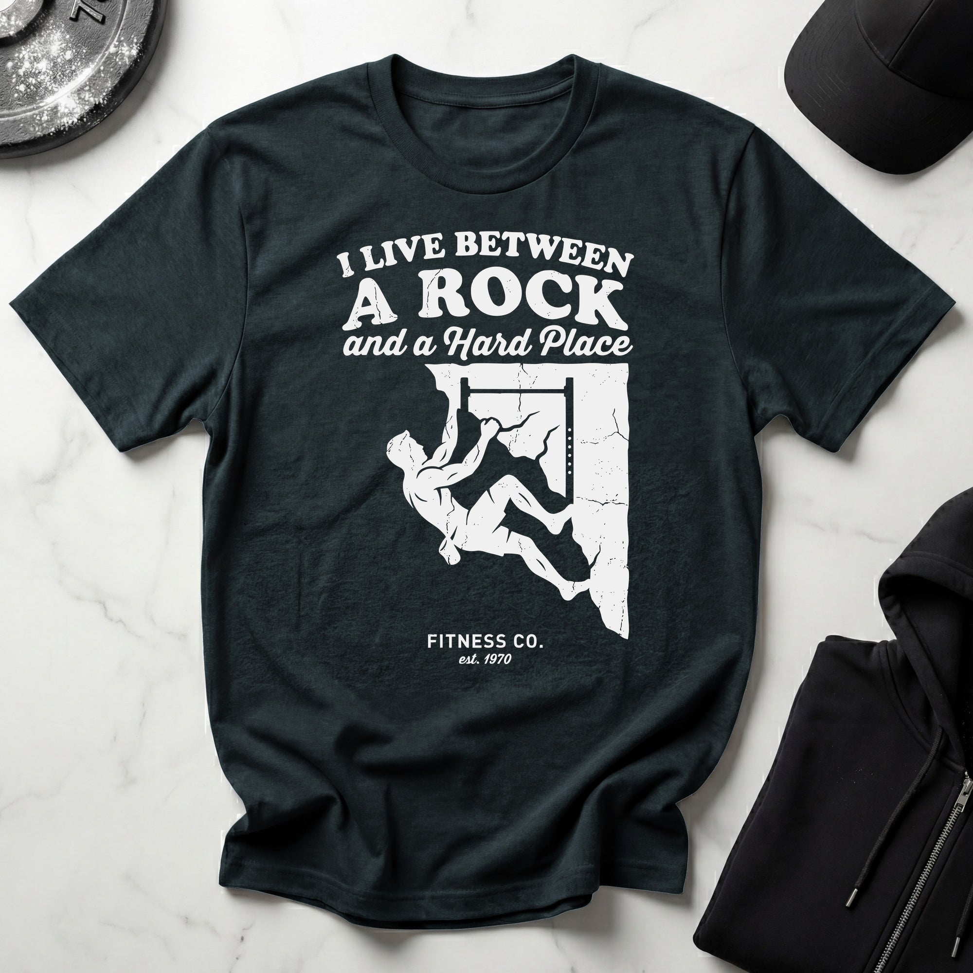 I Live Between A Rock and A Hard Place Rock Climbing Dark T-Shirt