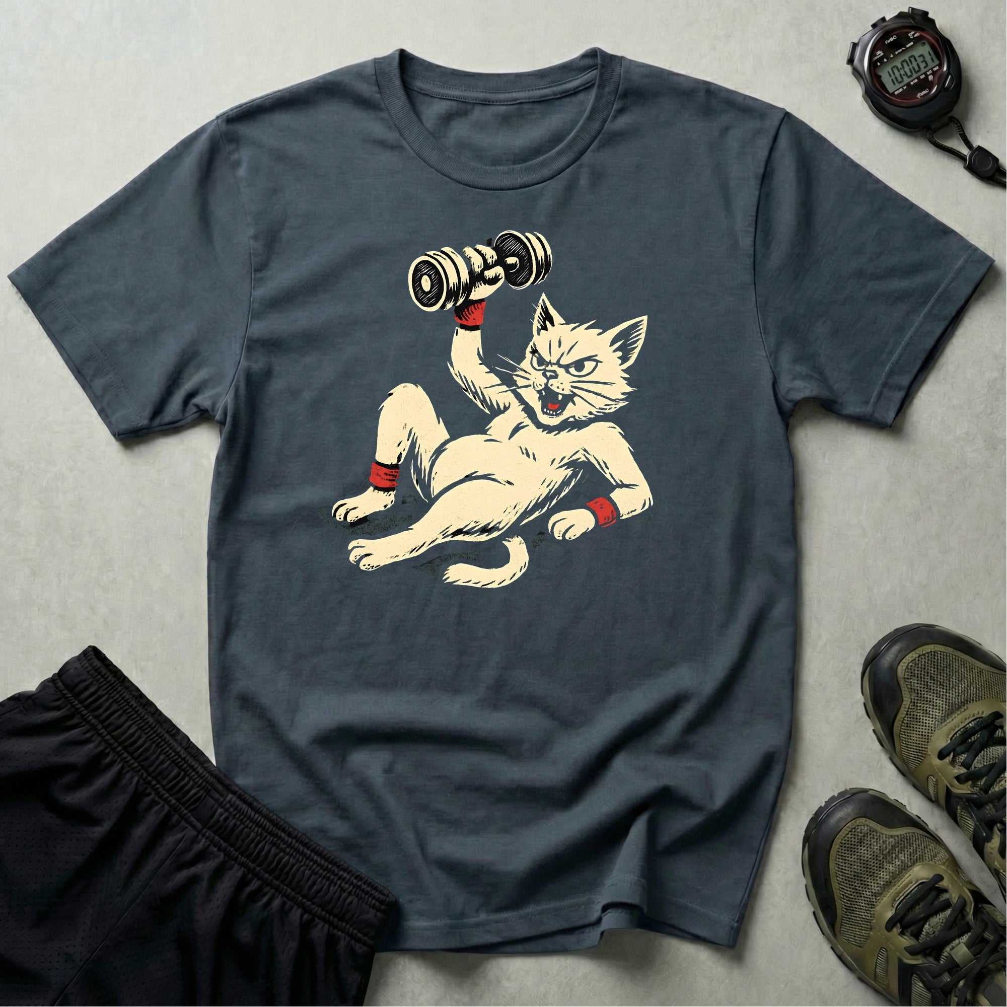 Cat Lifts Dumbbell T-Shirt