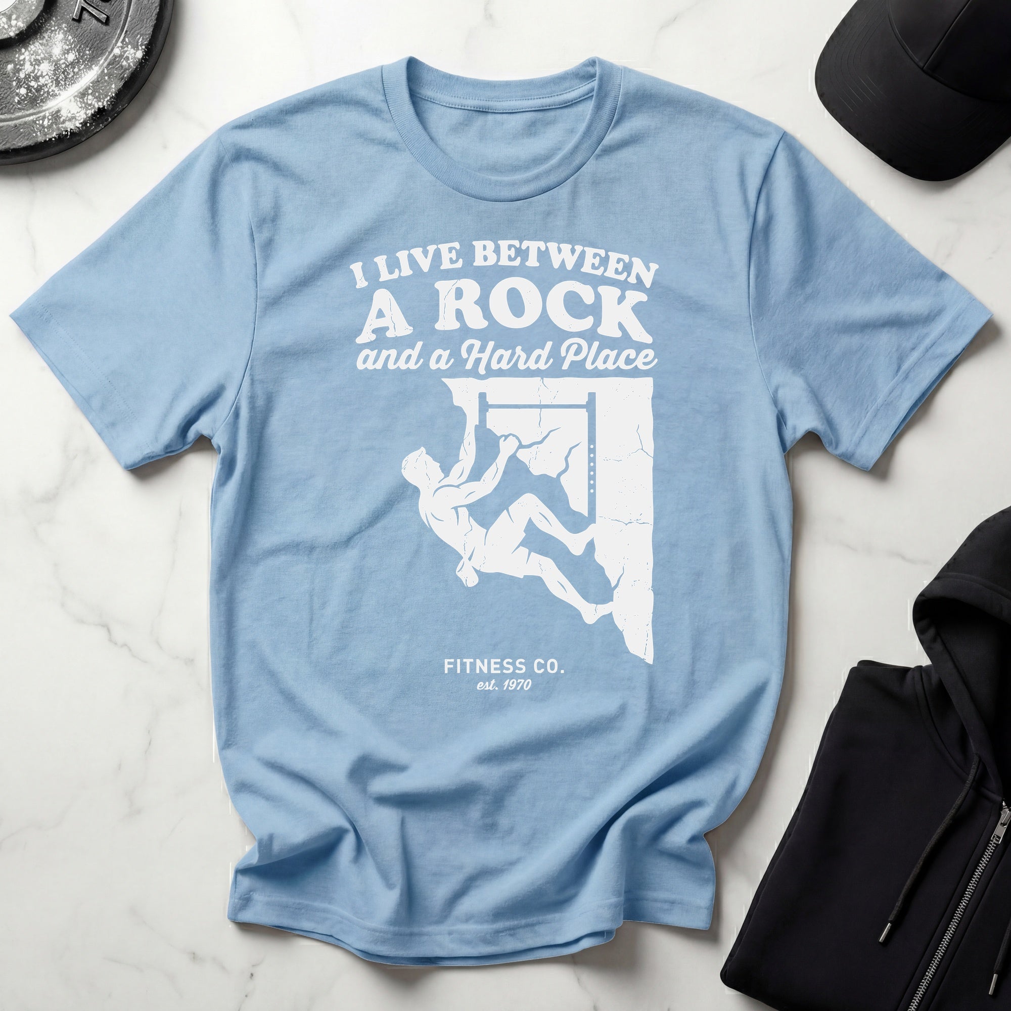I Live Between A Rock and A Hard Place Rock Climbing Dark T-Shirt