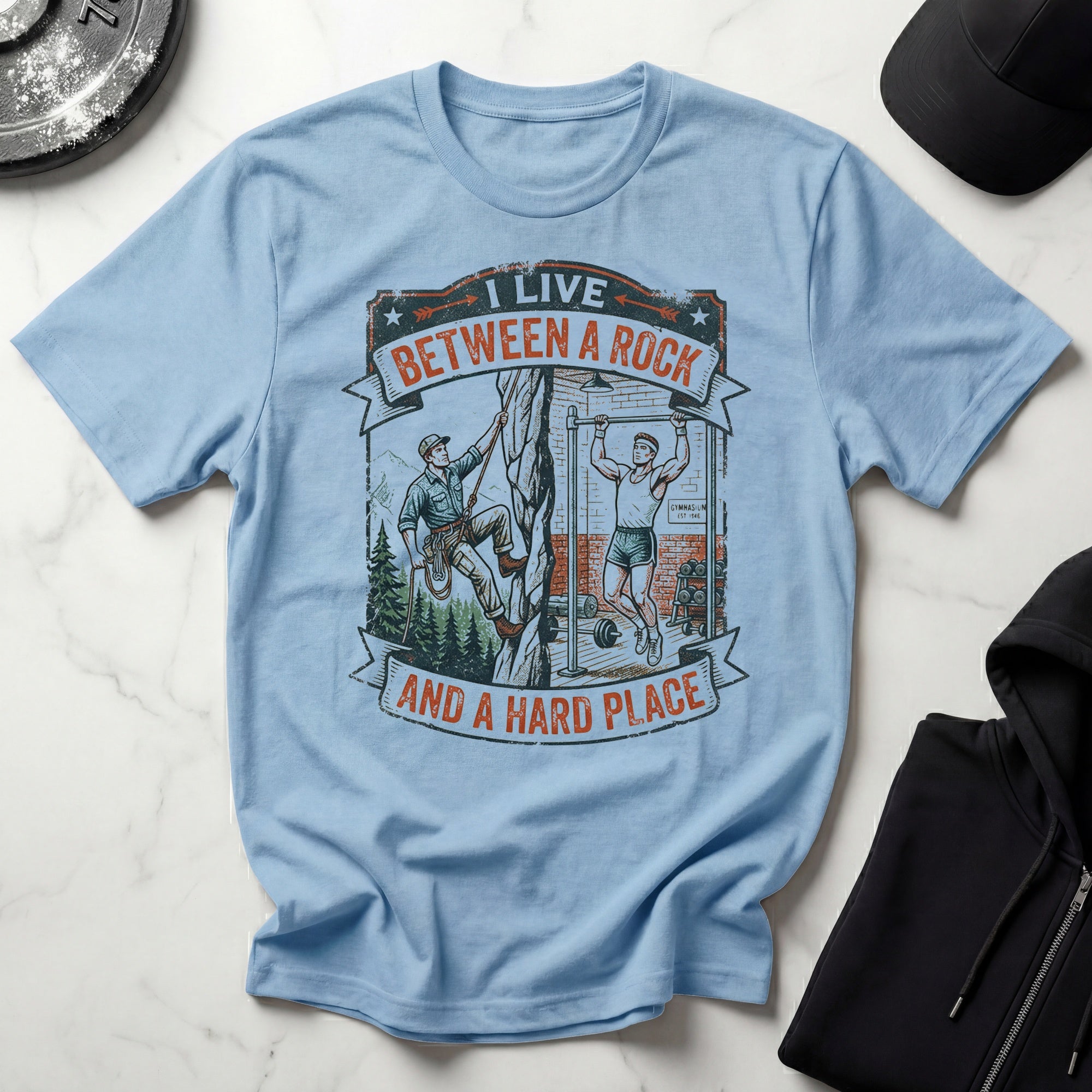 I Live Between A Rock and A Hard Place Retro Rock Climbing T-Shirt