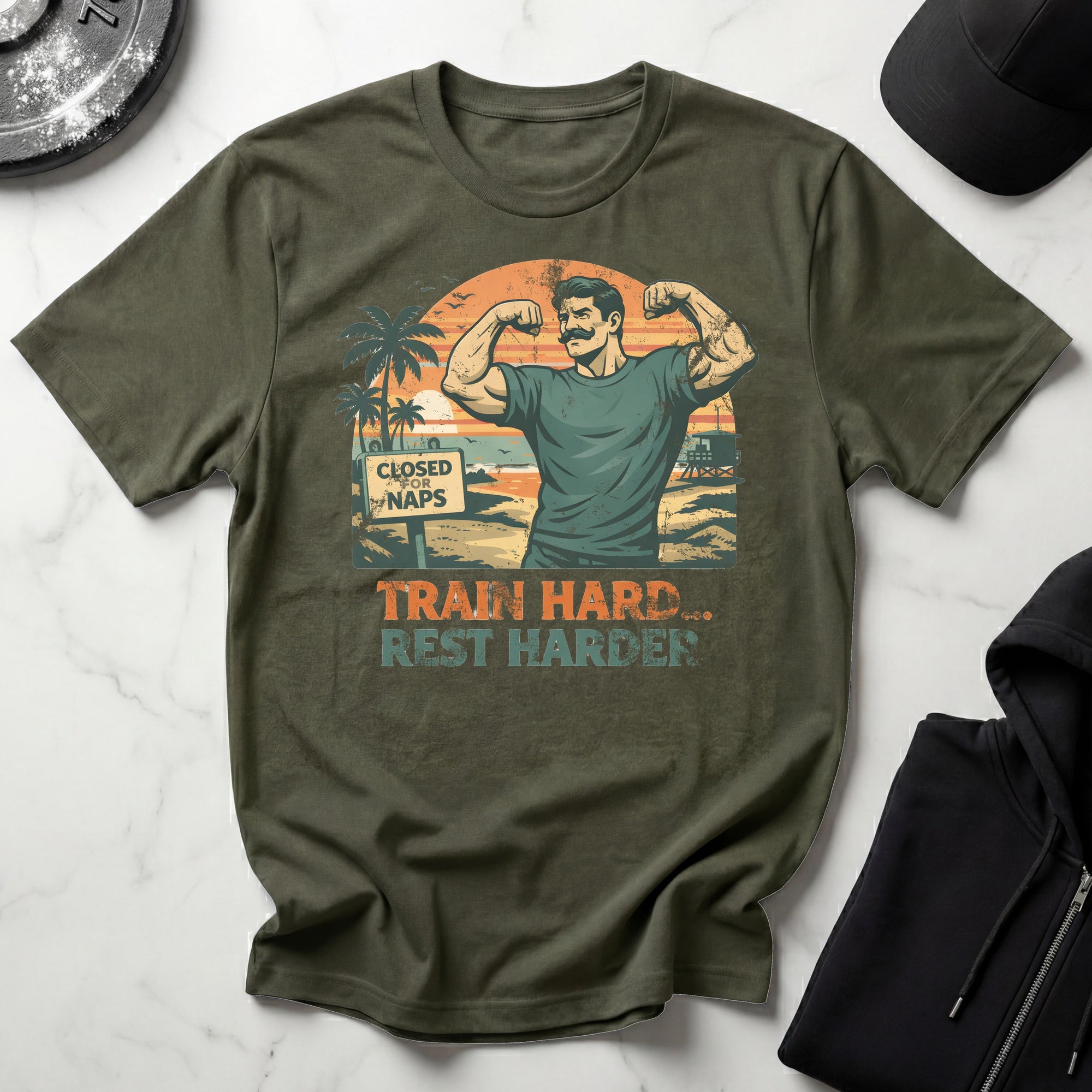 Retro Venice Beach Train Hard Rest Hard Gym T-Shirt