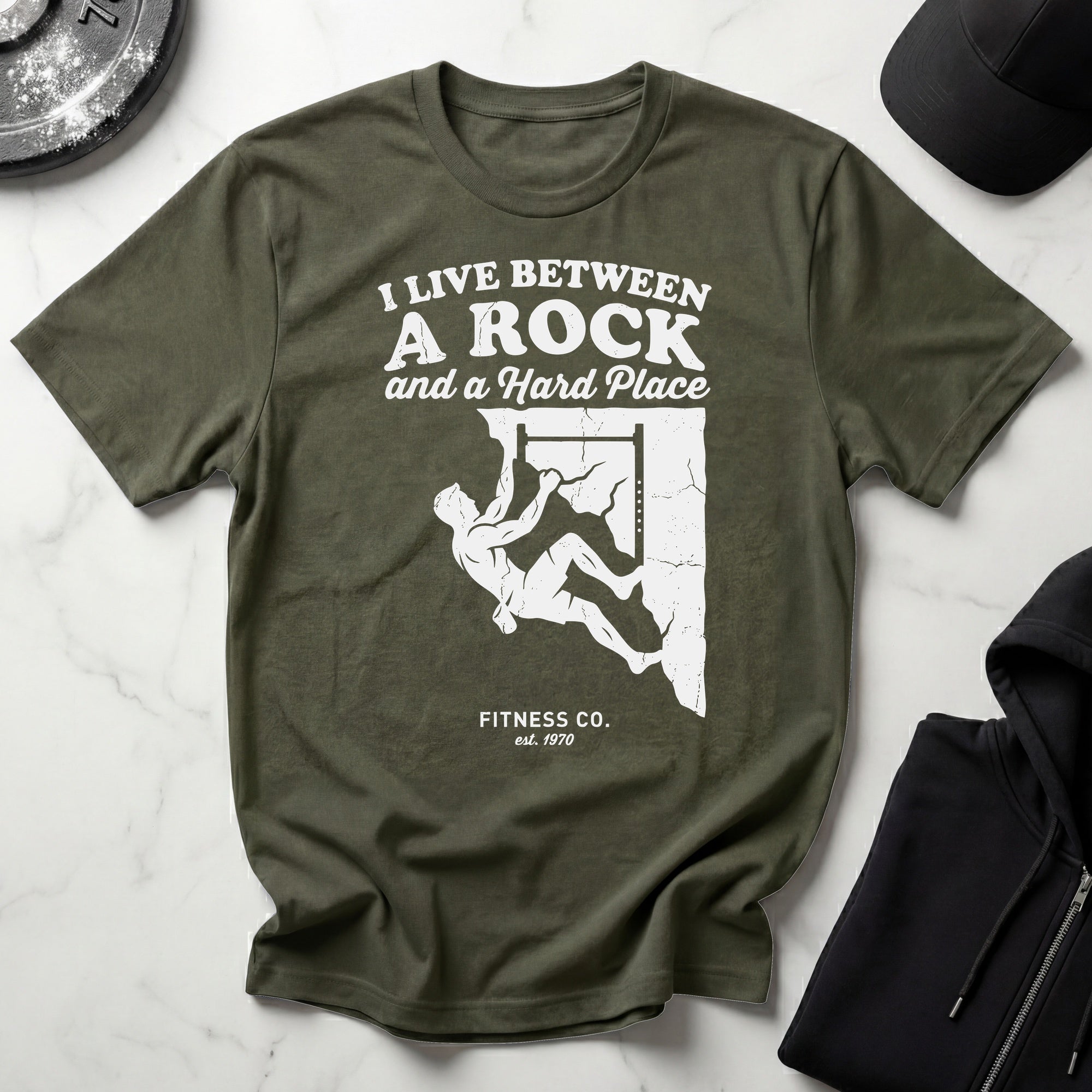 I Live Between A Rock and A Hard Place Rock Climbing Dark T-Shirt