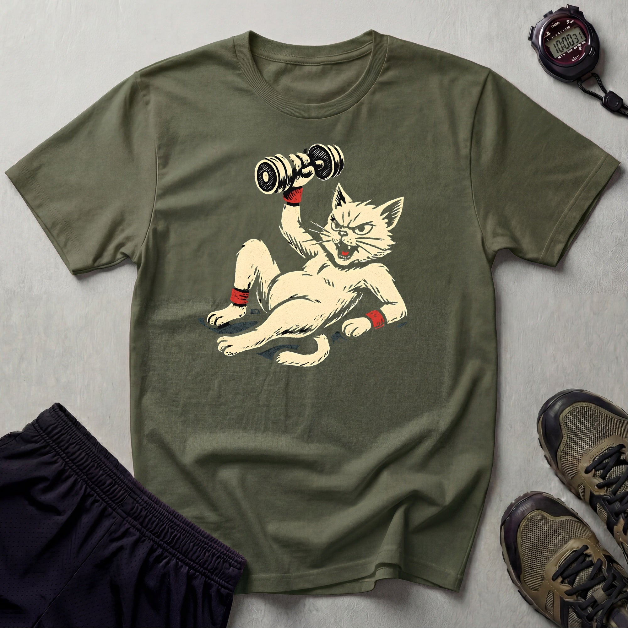 Cat Lifts Dumbbell T-Shirt