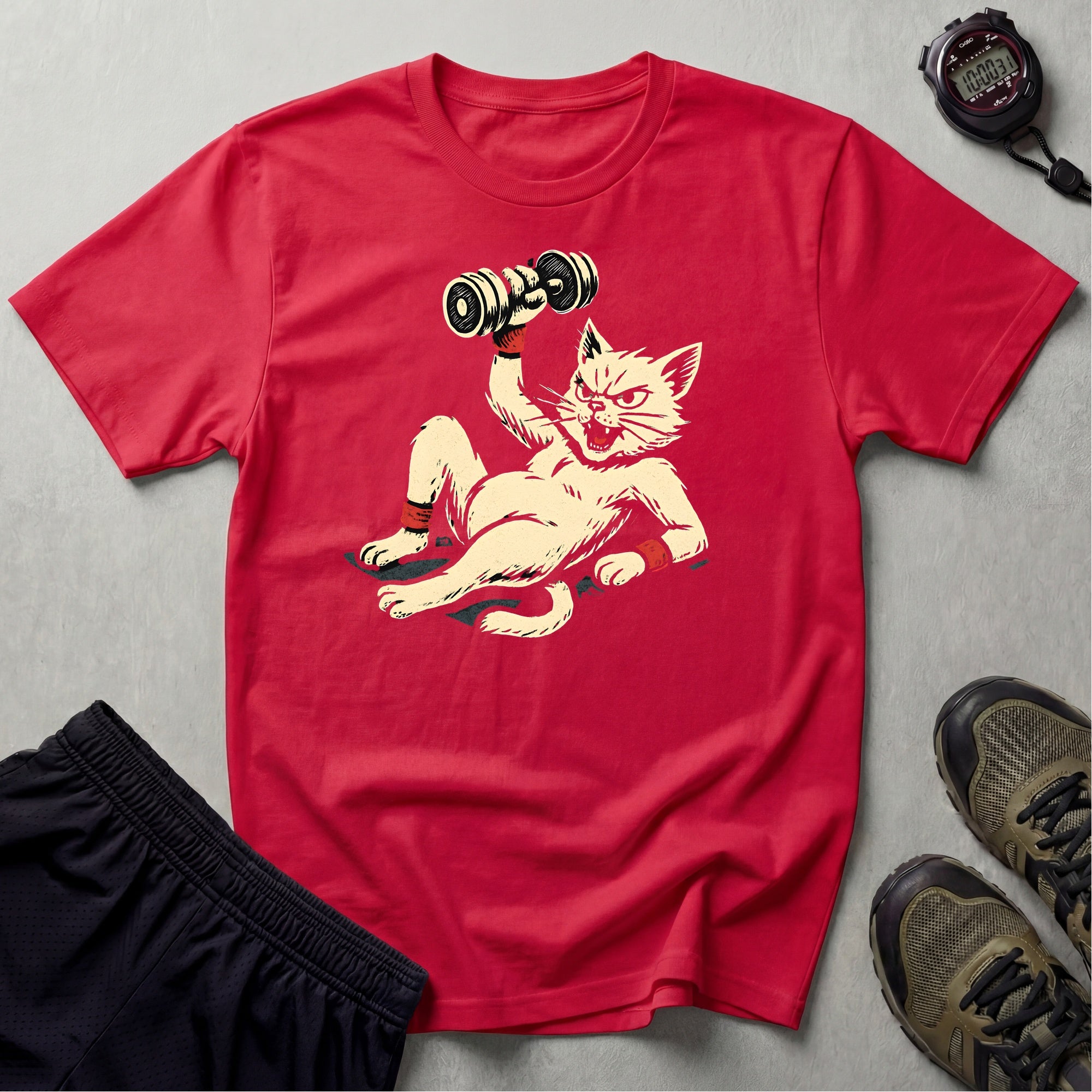 Cat Lifts Dumbbell T-Shirt