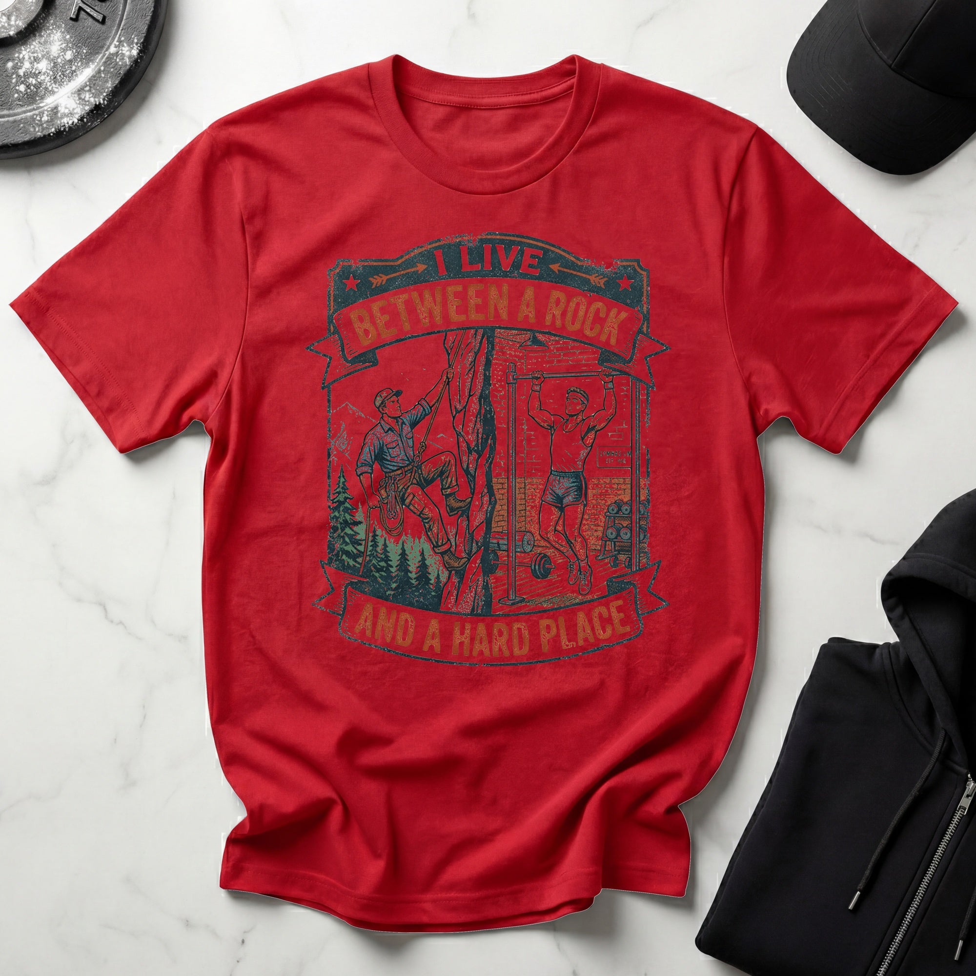 I Live Between A Rock and A Hard Place Retro Rock Climbing T-Shirt