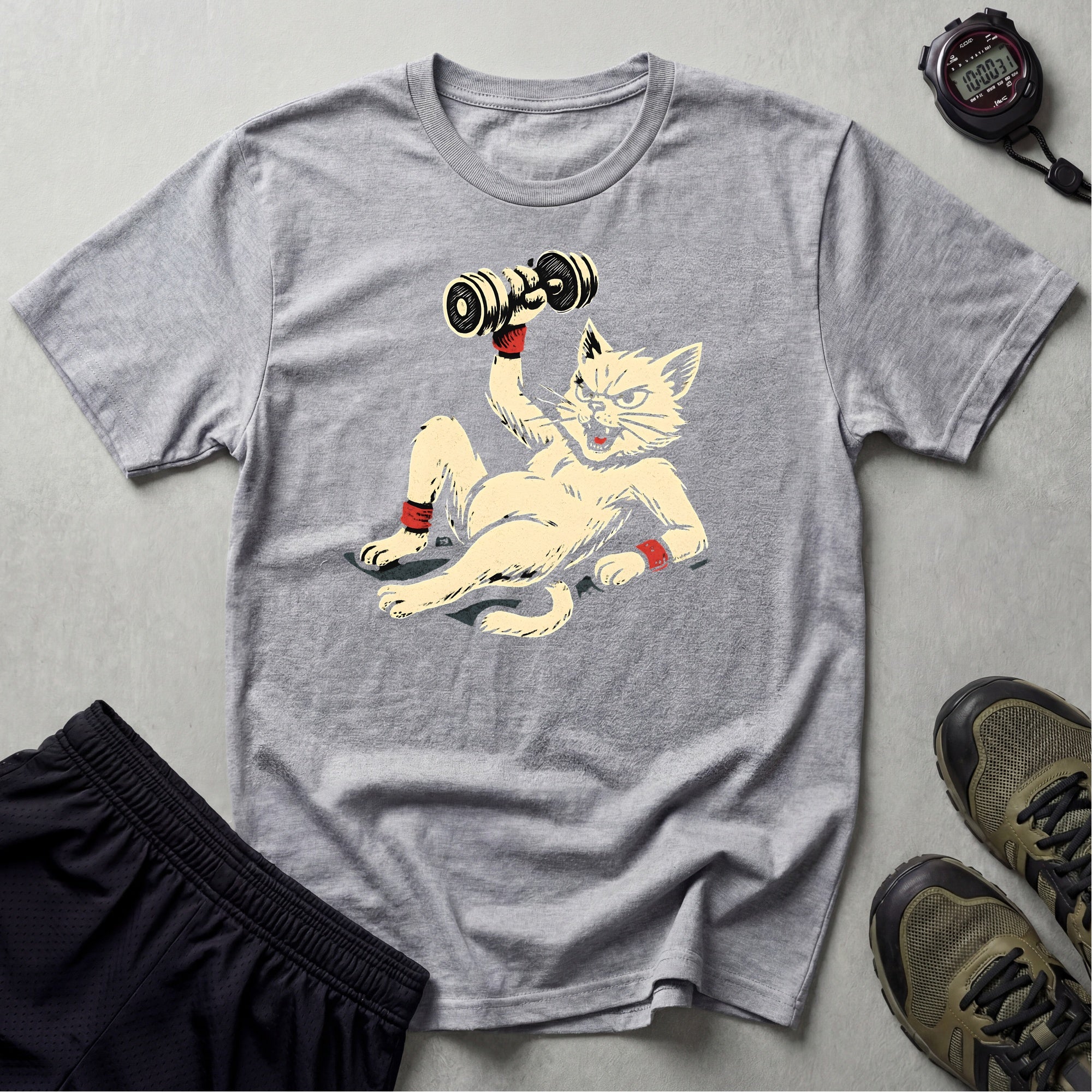 Cat Lifts Dumbbell T-Shirt